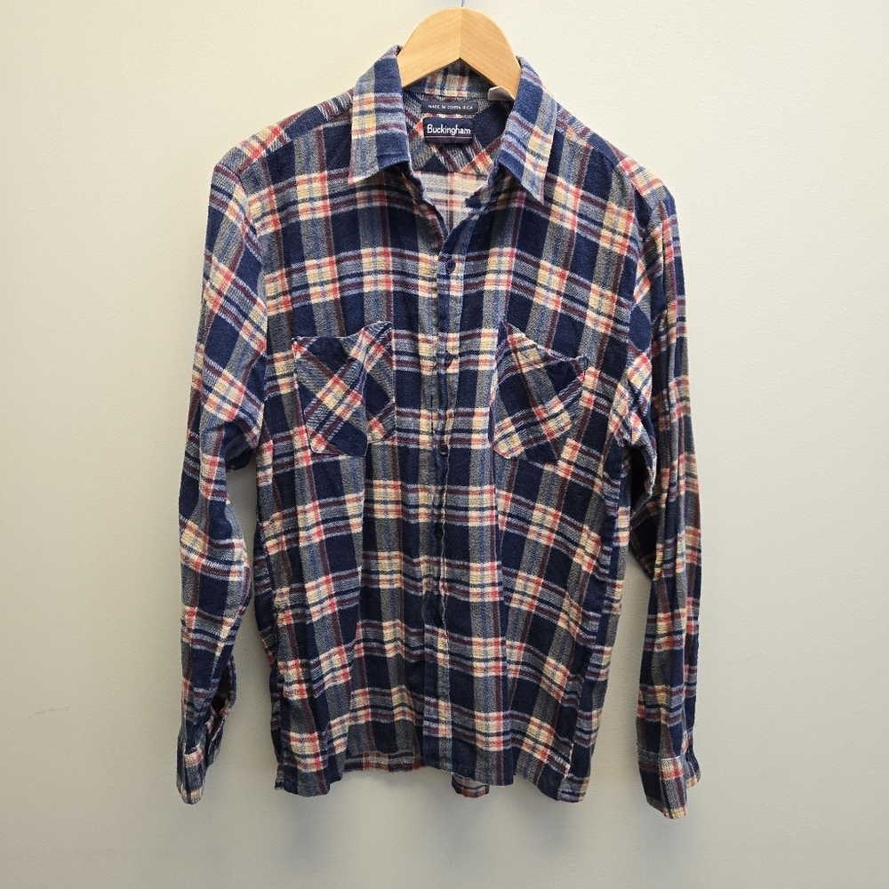 Vintage Medium Buckingham Plaid Flannel Button Shirt Blue Red